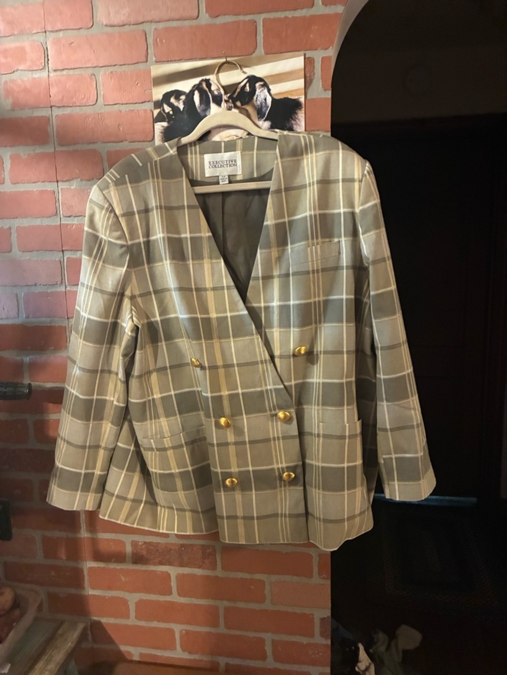 Executive Collection Women's Double-Breasted Plaid Blazer - Tan/Gray